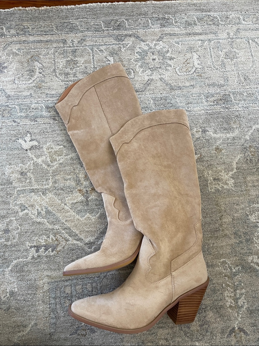 Faux Suede Knee-High Western Boots - Beige